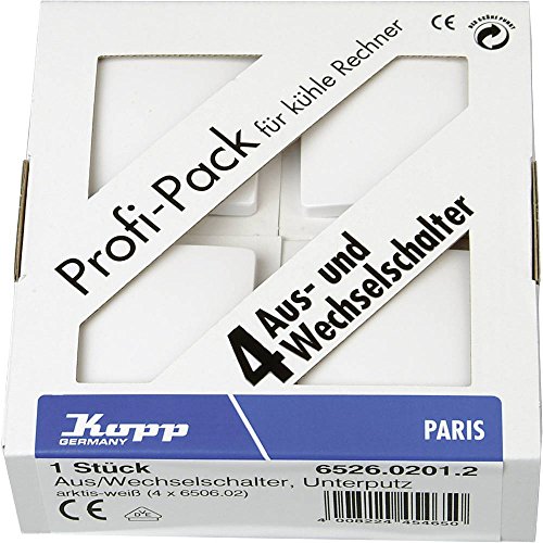 Kopp PARIS Universalschalter in Arktis-Weiß - 4 Stück - Lichtschalter-Unterputz mit 10AX Schaltvermögen - Hochwertiger IP20 Schalter mit Steckklemmen - Stilvoller Wechselschalter-Unterputz 250V~ von Kopp