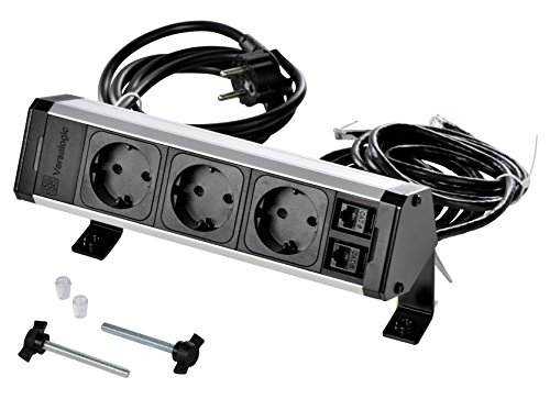 Kopp 939628014 Versadesk Anbausteckdosenleiste, 2RJ-45/11-Anschlüsse CAT 6 UTP, 2 m Anschlusskabel und 2 m Datenkabel, IP20, 3400 W, Schwarz/ Aluminium Eloxiert von Kopp
