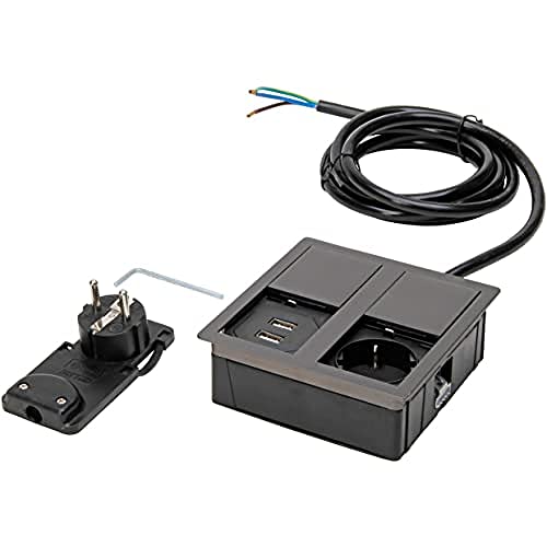 Kopp by ASA 939648018 VersaHIT Dual Einbau-/Tischsteckdose mit Tastendruck-Deckeln zum Einbau in Möbel/Arbeitsflächen, 1 x Schutzkontakt-Steckdose, 2 x USB-Anschluss, 2 m Kabel, 3400W/16A, Zinn-Optik von Kopp