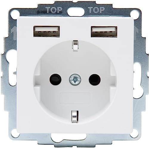 Kopp Athenis Schutzkontakt-Steckdose, 1-fach mit 2 x USB Ladebuchsen, 16A, 250V~, Ausgangsstrom der Ladebuchsen max. 2400mA/5V, IP20, arktis-weiß, matte Oberfläche, 296232080 von Kopp