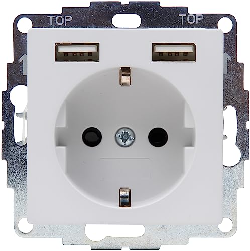 Kopp Athenis Schutzkontakt-Steckdose, 1-fach mit 2 x USB Ladebuchsen, 16A, 250V~, Ausgangsstrom der Ladebuchsen max. 2400mA/5V, IP20, grau, matte Oberfläche, 296234082 von Kopp