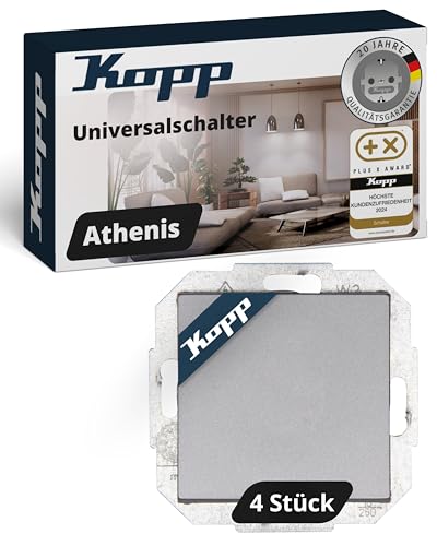 Kopp ATHENIS Universalschalter in Stahlfarben - 4 Stück - Lichtschalter-Unterputz mit 10AX Schaltvermögen - Hochwertiger IP20 Schalter ohne Rahmen - Moderner Wechselschalter-Unterputz 250V~ Kopp ATHENIS Universalschalter in Stahlfarben - 4 Stück - Lichtschalter-Unterputz mit 10AX Schaltvermögen - Hochwertiger IP20 Schalter ohne Rahmen - Moderner Wechselschalter-Unterputz 250V~ von Kopp