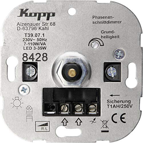 Kopp LED Dimmer Sockel mit Druck-Wechselschalter für dimmbare 230V LEDs von min.3 - max.35W. Auch für Glüh,- 230V Halogenlampen u. NV-Halogenlampen mit konv. Trafos von min.7 - max.110W/VA, 842800187 von Kopp