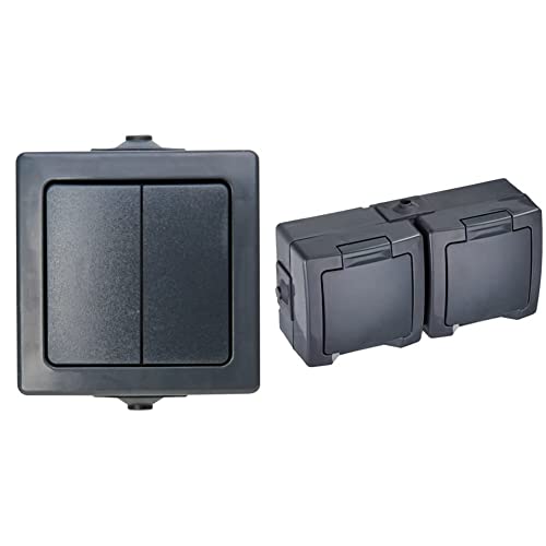 Kopp Nautic Serienschalter, Aufputz, 250V (10A), anthrazit & Nautic 2-fach Schutzkontakt-Steckdose mit Klappdeckel und erhöhtem Berührungsschutz,16A, 250V/AC, IP44, anthrazit, 137015003 von Kopp