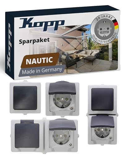 Kopp NAUTIC Spar-Pack in Grau - 2x Aus-Wechselschalter - 3x 1-fach Aufputz-Steckdose mit erhöhtem Berührungsschutz - 1x 2-fach Schutzkontakt-Steckdose - 1x Schalter-Steckdose-Feuchtraum-Kombination von Kopp
