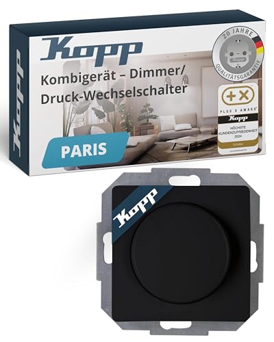 Kopp Paris Druck-Wechsel-Dimmer, Kombigerät, LED-Dimmer, für Glüh-Lampen, 230V Halogenlampen, Phasenanschnitt, RL 20-250W/VA, LED 3-35W, 230 V~, 50Hz, schwarz, matte Oberfläche, 843450088 von Kopp