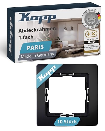 Kopp PARIS 1-fach Abdeckrahmen in Matt-Schwarz - 10 Stück - 83 x 83 x 9,5 mm - Rahmen für Steckdosen & Schalter - Stilvoller Steckdosenrahmen aus Kunststoff - Hochwertiger Lichtschalter-Rahmen von Kopp