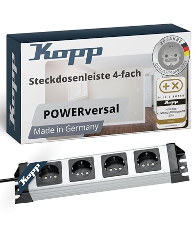 Kopp Powerversal Steckdosenleiste 4-Fach, 1,40 m Zuleitung, 3600W/16A, 90° gedrehte Anschlüsse, Mehrfachsteckdose mit Schutzkontakt, Wandmontage, ohne Schalter, Farbe Silber-Schwarz, 226120010 von Kopp