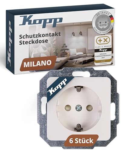 Kopp MILANO Schutzkontaktsteckdosen in Weiß - 6 Stück - 1-fach Einbausteckdose mit erhöhtem Berührungsschutz - IP20 Unterputz-Steckdose mit Schutzkontakt - Steckdosen-Unterputz 16A / 250V~ von Kopp