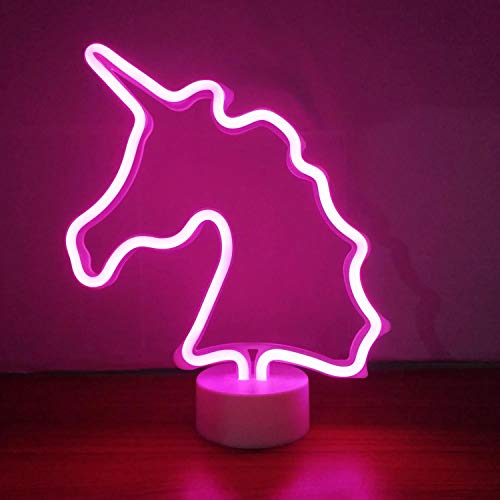 Neonlicht Einhorn pink Nachtlicht mit Fuß Sockel NEON LED Licht batteriebetrieben Aufsteller Tischlampe Leuchtreklame Lampe Leuchte Dekoration Kinderzimmer, Schlafzimmer, Wohnzimmer, Party Weihnachten von Kopper-24