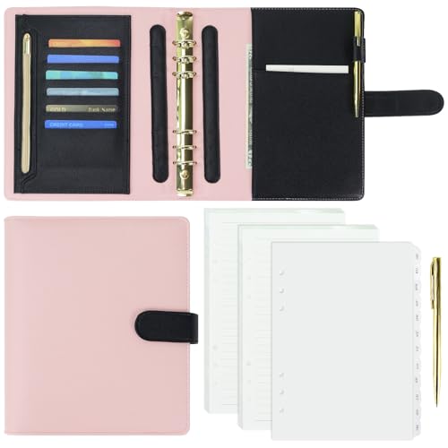 Koqye A5 PU Leather Binder 6 Ring Notebook, Lychee Pattern Refillable Notebook Binder with Monthly Dividers, 90 Sheets Refill Paper, Travel Journal Cover for Women (Pink) von Koqye