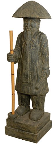 Große Gartenfigur Konfuzius 145cm / Mönch mit Stab Steinguss China/Figur Chinesischer Bauer Wanderer/Steinfigur Statue XL Lavastein für Haus und Garten von Korb-Outlet