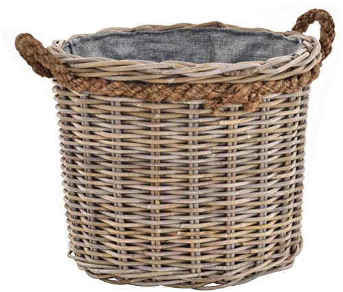Großer Pflanzkorb Holzkorb rund Grau Natur Rattan mit Seilrand/Übertopf aus Rattan (Mittel mit Inlett) von Korb-Outlet