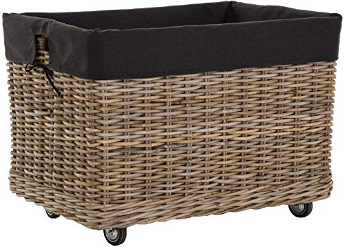 Großer Rollkorb mit Griffen/Holzkorb mit Rollen aus grauem Natur Rattan/Aufbewahrung Holz-Wagen Räder Kaminholz-Korb Kamin Allzweck-Korb mit Inlett (Rechteckig) von Korb-Outlet