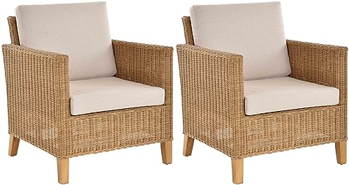 Korb-Outlet 2er Set Rattansessel breit Lounge in der Farbe Honig inkl. Polster Beige, Wohnzimmersessel aus echtem Rattan (2xSessel Honig) von Korb-Outlet