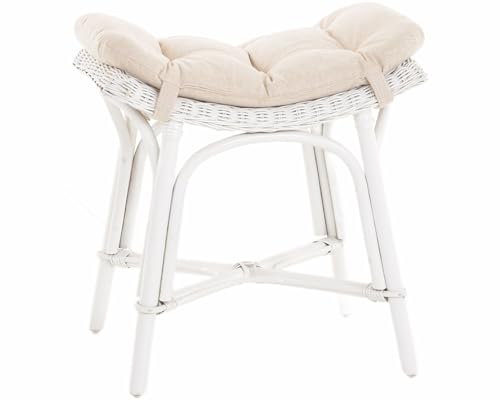 Korb-Outlet Fußhocker mit geschwungener Ablage, Stabiler Sitzhocker/Schemel/Hocker aus echtem Rattan (mit Kissen, Weiss) von Korb-Outlet