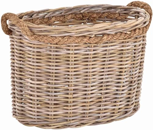 Korb-Outlet Großer Pflanzkorb Holzkorb oval Grau Natur Rattan mit Seilrand/Übertopf aus Rattan (Oval XXL 70cm) von Korb-Outlet