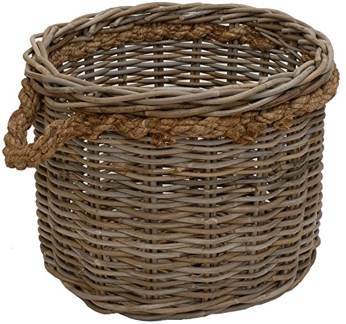 Korb-Outlet Großer Pflanzkorb Holzkorb rund Grau Natur Rattan mit Seilrand/Übertopf aus Rattan (XXL Ø60cm) von Korb-Outlet