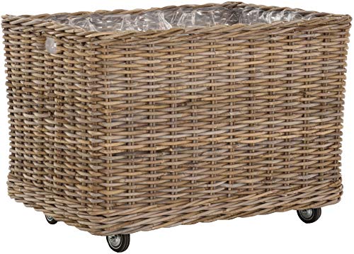 Großer Pflanzkorb Rattan grau XXL Pflanzkübel Blumentopf mit Rollen Rollkorb Rattankorb (Grau Natur, Rechteckig) von Korb-Outlet