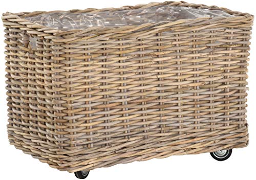 Großer Pflanzkorb Rattan grau XXL Pflanzkübel Blumentopf mit Rollen Rollkorb Rattankorb (Grau Natur, Rechteckig Klein) von Korb-Outlet