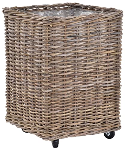 Pflanzkorb Rattan grau groß Pflanzkübel Blumentopf mit Rollen Rollkorb Rattankorb (Säule quadratisch) von Korb-Outlet
