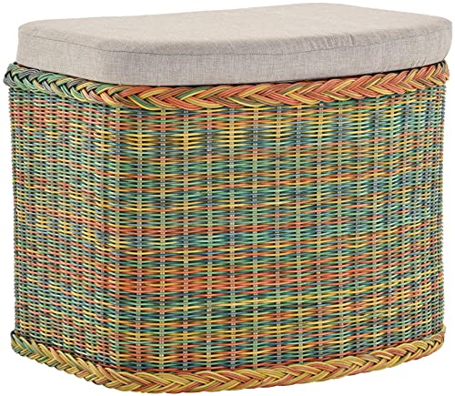 Korb-Outlet Rattan Wäschekorb Wäschetruhe Sitz gepolstert Honig, Flur-Bank Aufbewahrungsbox mit Deckel Bad-Hocker Sitzhocker Wäschesammler Sitz-Truhe Natur (Bunt, Bauchig) von Korb-Outlet