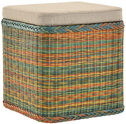 Rattan Wäschekorb Wäschetruhe Sitz gepolstert Honig, Flur-Bank Aufbewahrungsbox mit Deckel Bad-Hocker Sitzhocker Wäschesammler Sitz-Truhe Natur (Bunt, Quadratisch) von Korb-Outlet