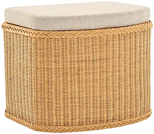 Rattan Wäschekorb Wäschetruhe Sitz gepolstert Honig, Flur-Bank Aufbewahrungsbox mit Deckel Bad-Hocker Sitzhocker Wäschesammler Sitz-Truhe Natur (Honig, Bauchig) von Korb-Outlet