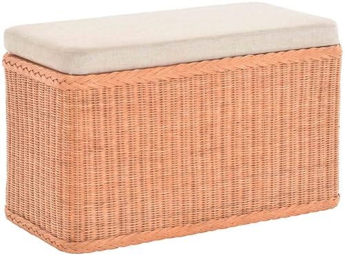 Korb-Outlet Rattan Wäschekorb Wäschetruhe Sitz gepolstert Honig, Flur-Bank Aufbewahrungsbox mit Deckel Bad-Hocker Sitzhocker Wäschesammler Sitz-Truhe Natur (Terracotta, Rechteckig) von Korb-Outlet