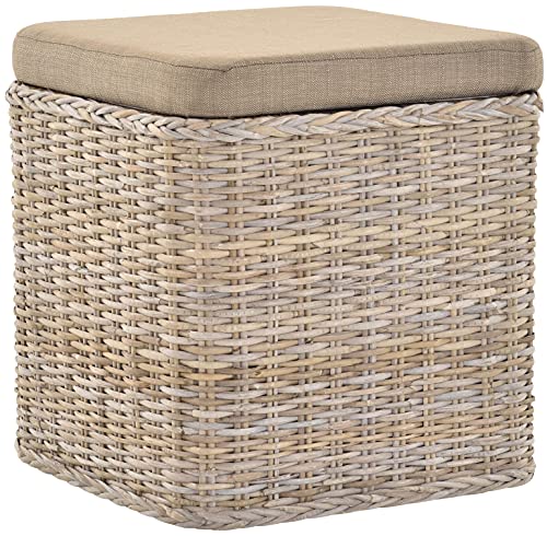 Rattan Wäschekorb Wäschetruhe Sitz gepolstert Flur-Bank Aufbewahrungsbox mit Deckel Bad-Hocker Sitzhocker Wäschesammler Sitz-Truhe Natur (Grau Natur, Quadratisch) von Korb-Outlet