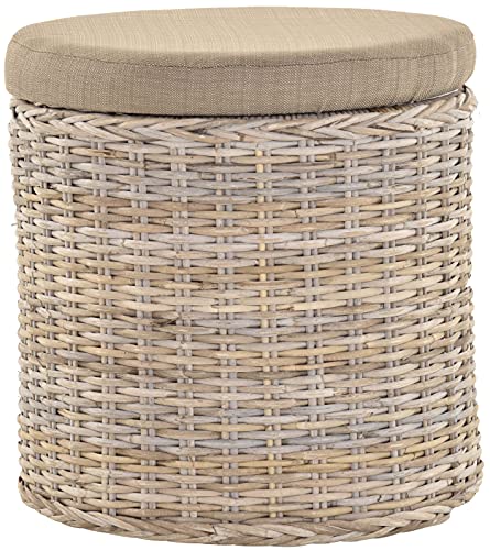 Rattan Wäschekorb Wäschetruhe Sitz gepolstert Flur-Bank Aufbewahrungsbox mit Deckel Bad-Hocker Sitzhocker Wäschesammler Sitz-Truhe Natur (Grau Natur, Rund) von Korb-Outlet