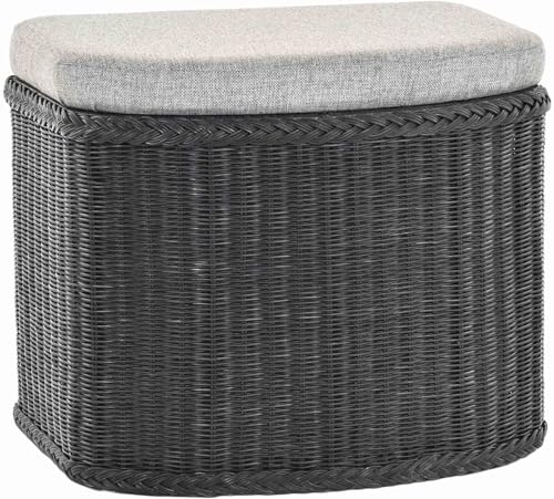Rattan Wäschekorb Wäschetruhe Sitz gepolstert Flur-Bank Aufbewahrungsbox mit Deckel Bad-Hocker Sitzhocker Wäschesammler Sitz-Truhe Natur (Schwarz, Bauchig) von Korb-Outlet