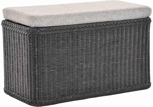 Rattan Wäschekorb Wäschetruhe Sitz gepolstert Flur-Bank Aufbewahrungsbox mit Deckel Bad-Hocker Sitzhocker Wäschesammler Sitz-Truhe Natur (Schwarz, Rechteckig) von Korb-Outlet