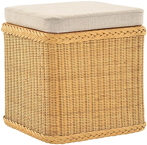 Rattan Wäschekorb Wäschetruhe Sitz gepolstert Honig, Flur-Bank Aufbewahrungsbox mit Deckel Bad-Hocker Sitzhocker Wäschesammler Sitz-Truhe Natur (Honig, Quadratisch) von Korb-Outlet