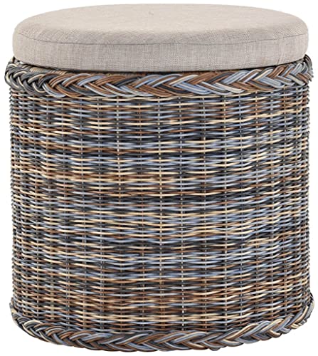 Rattan Wäschekorb Wäschetruhe Sitz gepolstert Honig, Flur-Bank Aufbewahrungsbox mit Deckel Bad-Hocker Sitzhocker Wäschesammler Sitz-Truhe Natur (Mehrfarbig, Rund) von Korb-Outlet
