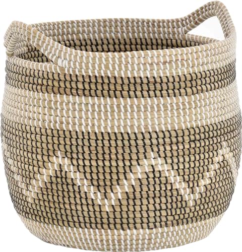 Runder Tragekorb Dekokorb Aufbewahrungs-Box Allzweck-Korb Natur Seegras mit bunten Wicklungen Flechtkorb (Natur Schwarz Weiss) von Korb-Outlet