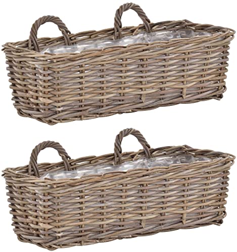 Set / 2 Rattan Balkonkorb Grau Pflanzkorb mit Folie Balkonkasten zum Aufhängen Pflanz-Topf Wand Korb Balkon (60cm) von Korb-Outlet