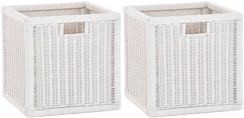 korb.outlet Set / 2 Regalkorb Weiss ca. 36x36x36 mit Holzrahmen Rattan Schubfach Box zur Aufbewahrung Schrankkorb Griff von Korb-Outlet