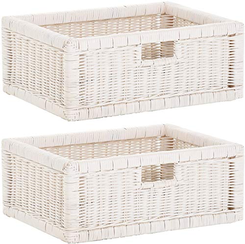 korb.outlet Set / 2 Regalkorb Weiss ca. 42x32x17 mit Holzrahmen Rattan Schubfach Box zur Aufbewahrung Schrankkorb Griff von Korb-Outlet