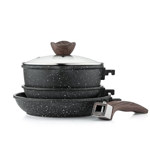 Kordisen Antihaft-Töpfe und Pfannenset, 5-Teilige Schwarze Granit Küchen-Kochgeschirr-Sets mit Abnehmbarem Griff, Pfannenset Induktion, Ofenfest, PFOA & PFOS-freie von Kordisen