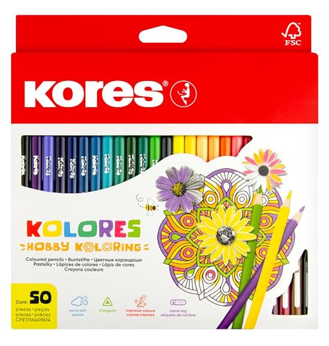 Kores - Kolores: 50 Farbstifte für Kinder, Anfänger und Erwachsene mit weicher Mine und dreieckiger Form, Set von 50 Ausgewählten Farben von Kores