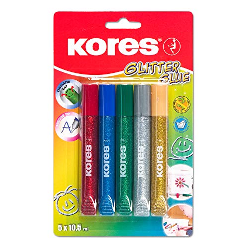 Kores - Glitzerkleberstifte für Kinder, Sicher und Ungiftig für Kunst und Handwerk, Präzisionsspitze, Packung von 5 Farben x 10,5 ml von Kores