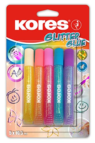 Kores - Pastell-Glitzerkleberstifte für Kinder, Sicher und Ungiftig für Kunst und Handwerk, Präzisionsspitze, Packung von 5 Farben x 10,5 ml von Kores
