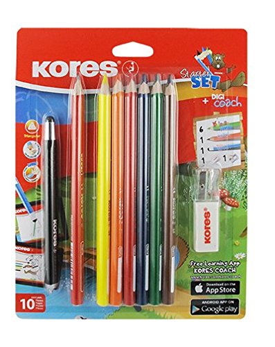 Kores Starter-Set BB93508, 6 Jumbo Buntstifte, 1 Coach Jumbo Bleistift, 1 Spitzer, 1 Radiergummi und 1 Digi Coach Touchpen für smart phone und tablet von Kores