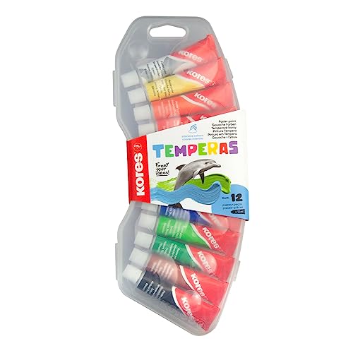 Kores - Temperas: Auswaschbare Placka Malfarben für Kinder, Anfänger und Schüler, Ungiftige Temperas in Tuben, Kräftige und Hochpigmentierte Farben, Set von 10 x 12 ml von Kores