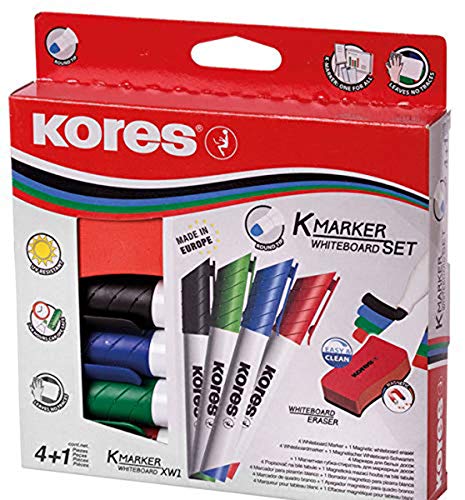 Kores Whiteboard-Marker Set, 4 Marker + Tafellöscher (20 Magnete + 4 Marker + Löscher, Sortiert) von Kores