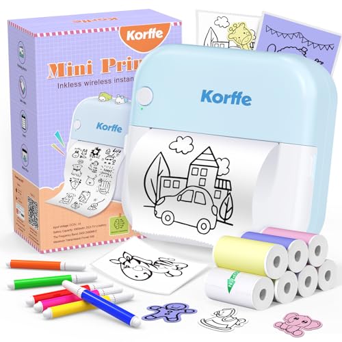 Korffe Mini Drucker für Smartphone with 7 Rollen Druckerpapier, Wireless Sticker Drucker Kompatibel mit Android & iOS, Tiny Printer Handy Drucker, Mini Belegdrucker für Lernnotizen, Notizen, Journal von Korffe