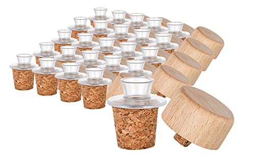 25er-Pack Kunststoff-Ausgießer mit Holz-Deckel und Kork-Stopfen | schmal | geeignet für Öl, Essig, Spirituosen oder Liköre von Kork-Deko