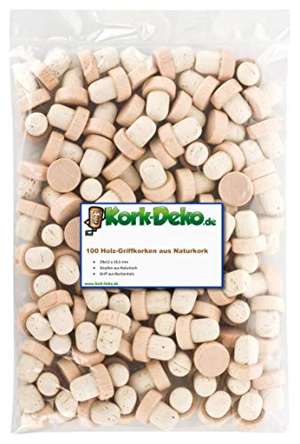 Griffkorken mit Holzgriff 19,5 mm | Holzgriffkorken | 100% Naturkork | Für Gin, Spirituosen, Öle und Saft | Natur Kork aus Portugal | Griffgröße 29 x 12 mm (100er-Pack) von Kork-Deko