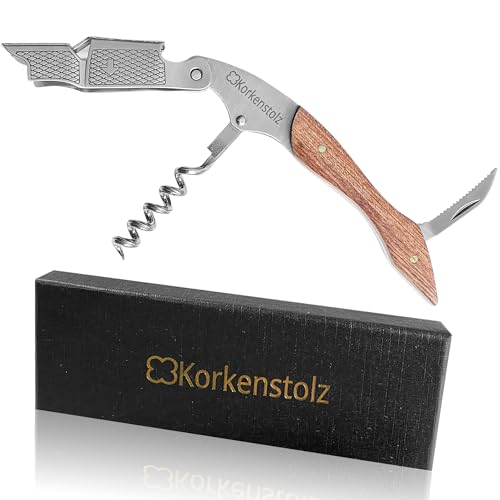 KORKENSTOLZ Korkenzieher Kellnermesser mit Holzgriff - Ideales Kellnermesser für Weinliebhaber und Gastronomen mit Folienschneider und Flaschenöffner für Kronkorken von Korkenstolz